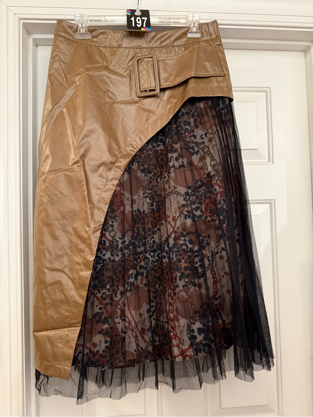 Brown Faux Leather & Black Mesh Floral Midi Skirt